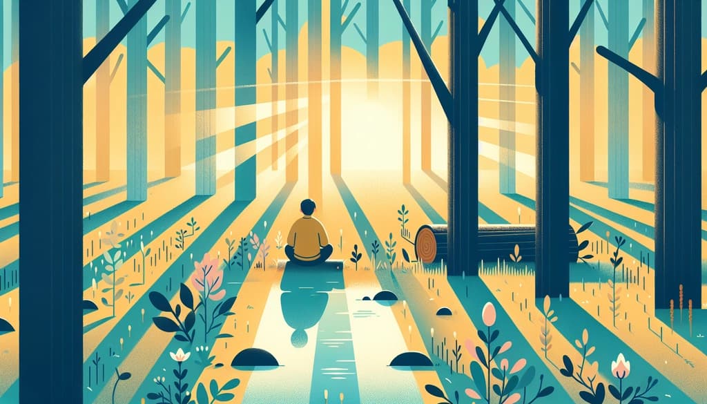 Person sitting quietly in a sun-dappled forest clearing at dawn, surrounded by tall grass and trees.