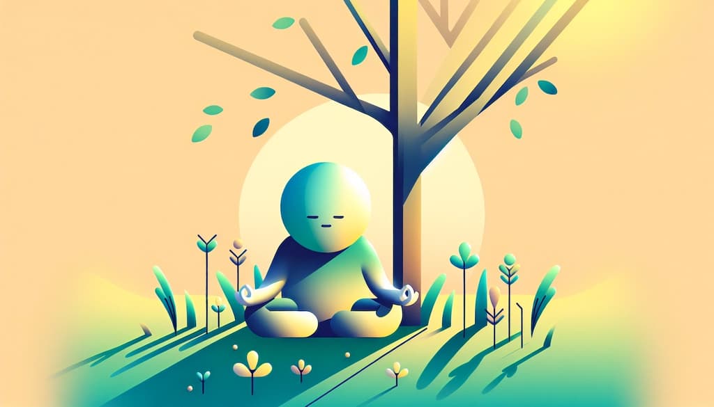 Person sitting under a tree in early spring sunlight, hands resting softly, surrounded by new grass and wildflowers.