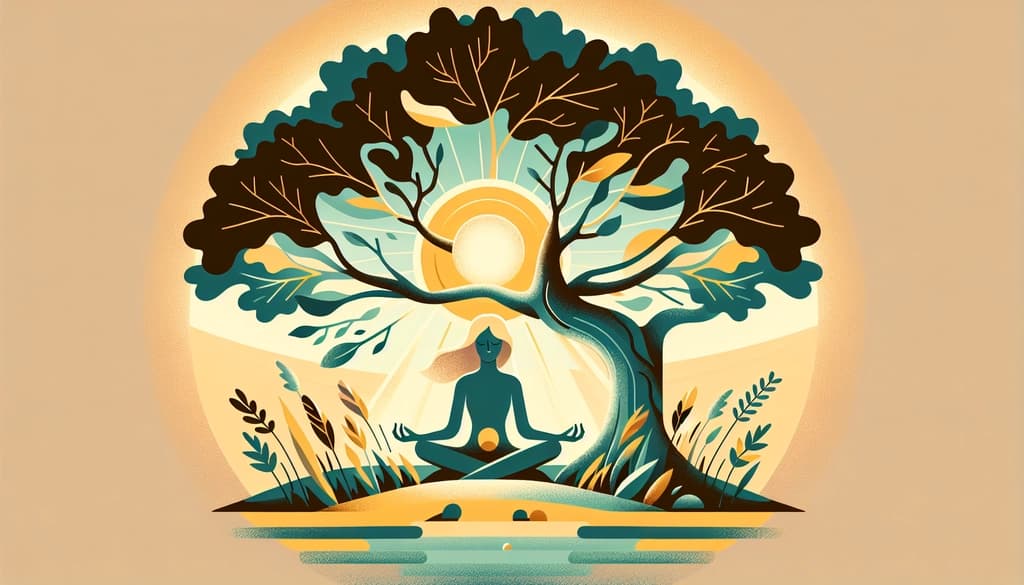 Person sitting under an oak tree in evening light, surrounded by green leaves and gentle wind.