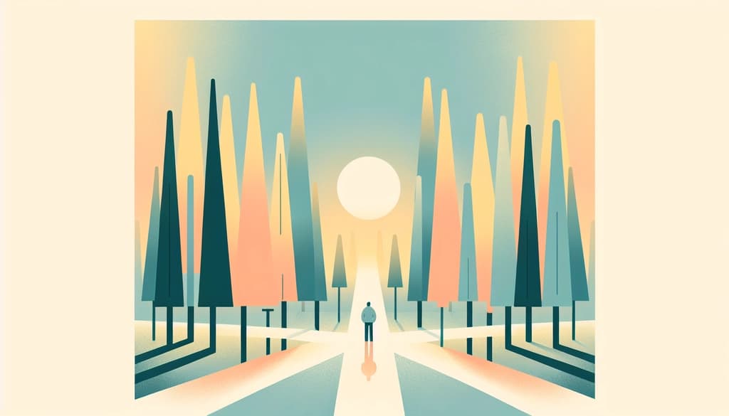 Person standing at a quiet forest crossroads at dusk, surrounded by pine trees and gentle golden light.