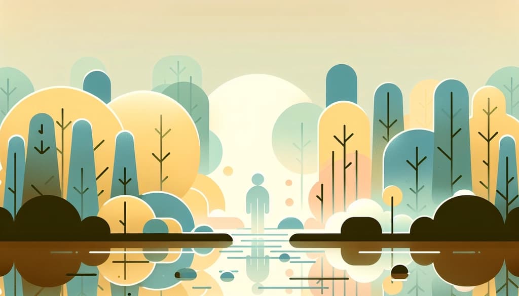 Person standing by a misty pond in a quiet forest, after rain, surrounded by moss and trees.