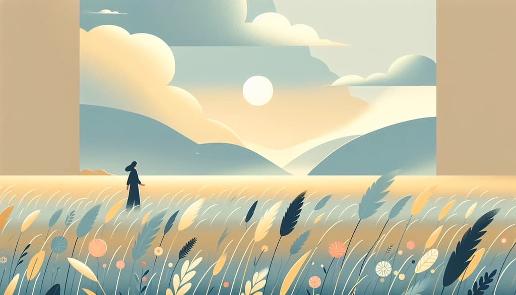 Person standing in a misty field at dawn, with mountains and grass stretching into the distance.