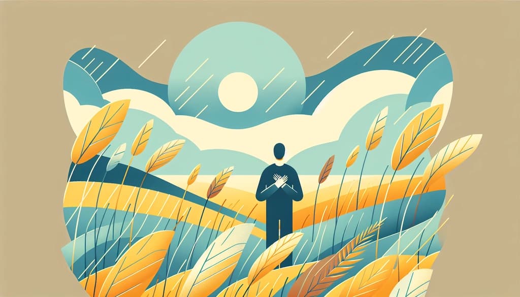 Person standing peacefully in a fall field, eyes closed, feeling the wind with a hand to heart.