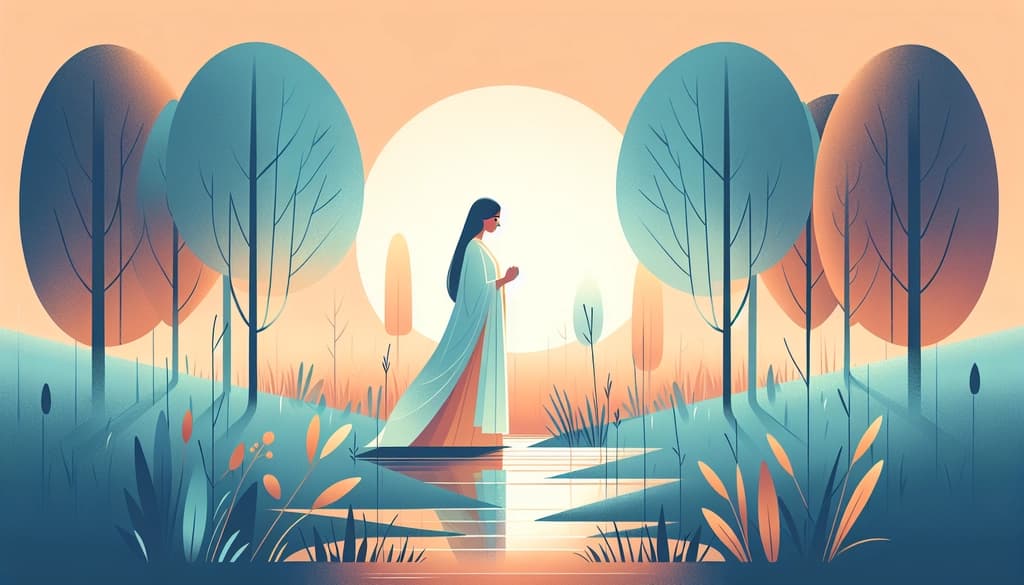 Person standing peacefully on a sunlit forest path at dawn, surrounded by dewy grass and trees.