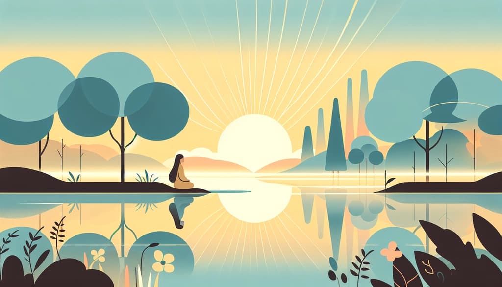 Person standing still by a tranquil sunrise lake, surrounded by mist and trees.