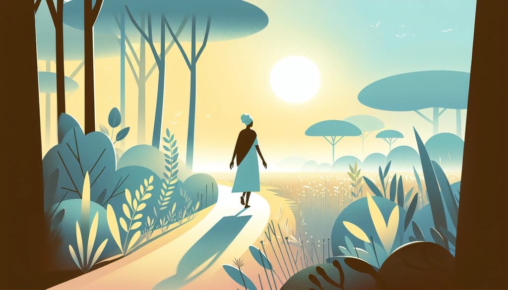 Person walking mindfully in a misty forest at dawn, surrounded by dew-covered leaves.