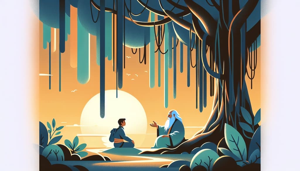 Sage and traveler beneath a banyan tree at sunset, sharing stories in soft golden light.