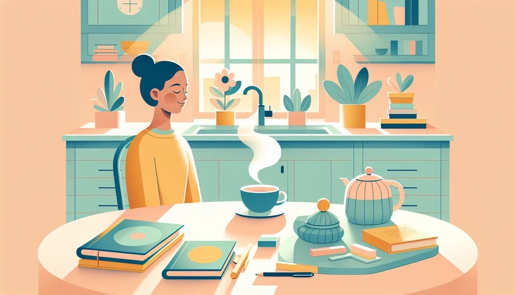 Smiling person at a sunlit kitchen table with journal and tea, warmed by morning light.