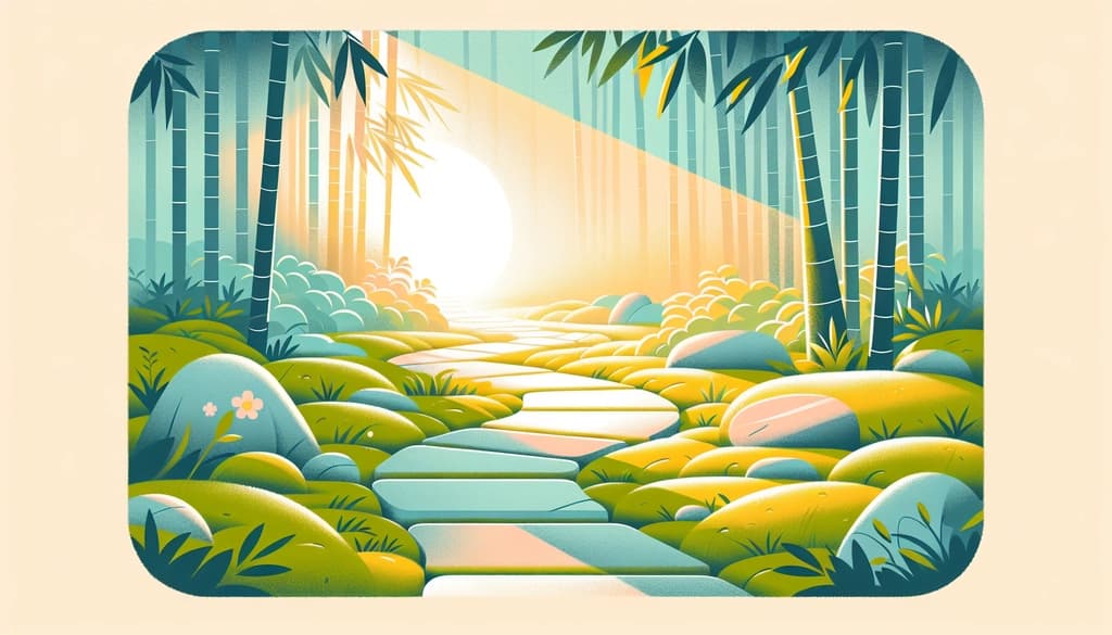 Stone path in a tranquil Japanese garden at sunrise, surrounded by moss and filtered light.