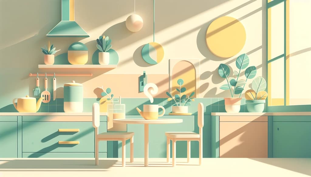 Sunlight on a kitchen table with a mug and small plants, evoking morning gratitude.