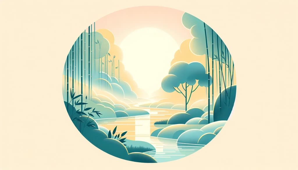 Tranquil river winding through bamboo forest at dawn, mist rising from the water.