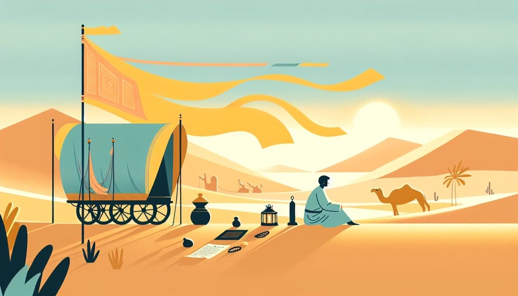 Traveler beside a Silk Road caravan at sunset, with silk banners, parchment, and prayer beads in the sand.