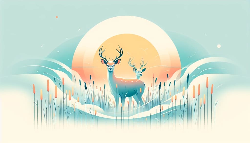 Two deer standing in a misty meadow at dawn, surrounded by grasses and soft light.