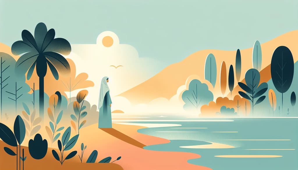 Woman gazing at a misty river in the morning, surrounded by new leaves and soft sunlight.