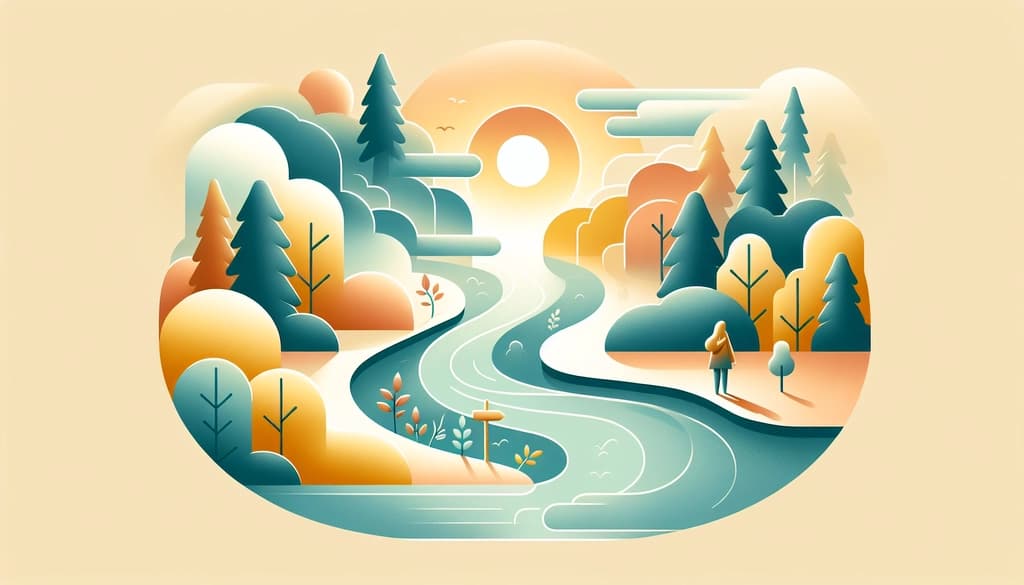 Woman pausing at a fork in a misty autumn forest, hand to heart, surrounded by golden trees and river.