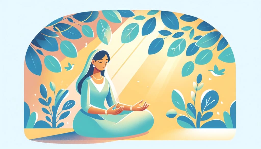 Woman seated in sun-dappled forest, listening and feeling the gentle breeze.