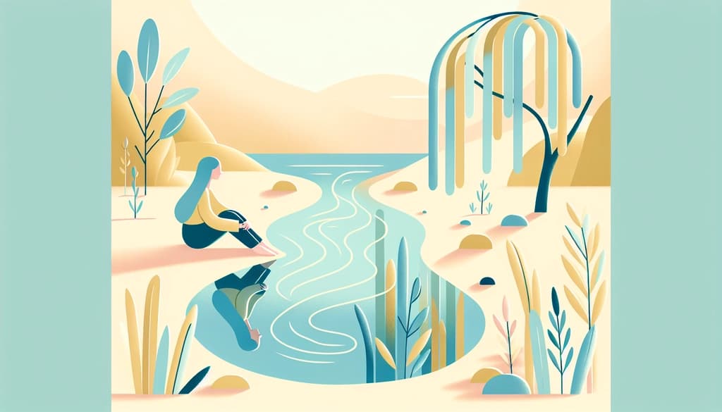 Woman sitting beside a riverbank at dusk, surrounded by willows and reflected in gentle water.