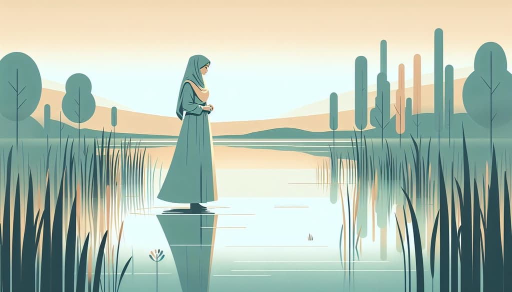 Woman standing by a calm lake at dusk, her reflection in the water, surrounded by reeds and trees.